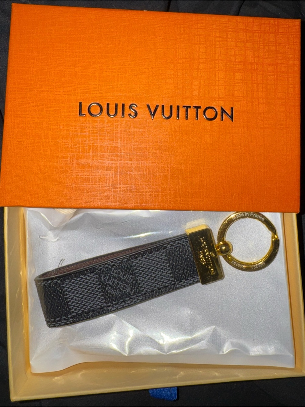 Louis Vuitton Black Leather Key Loop with Gold Ring